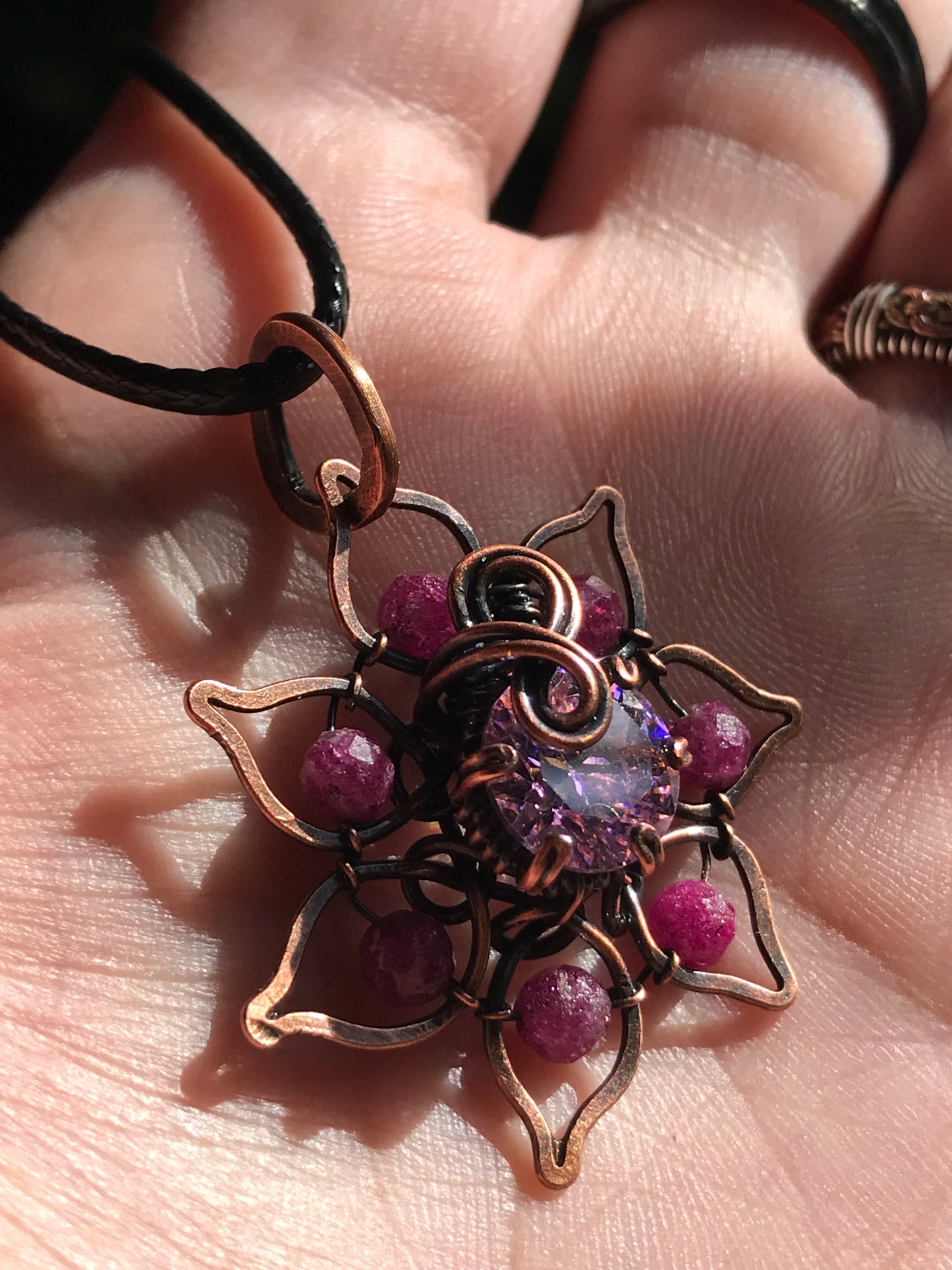 Copper crafted lotus flower pendant with Ruby