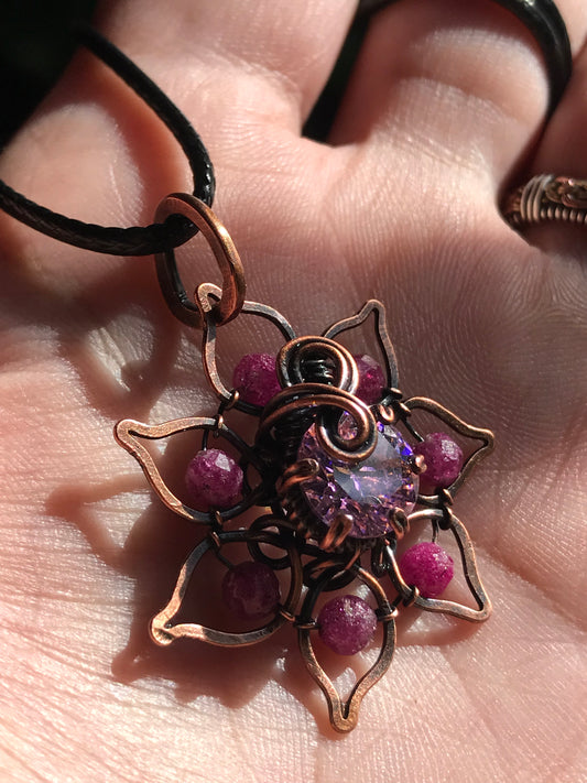 Copper crafted lotus flower pendant with Ruby