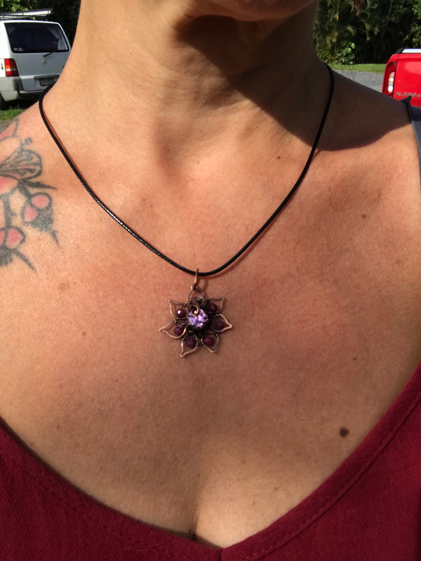 Copper crafted lotus flower pendant with Ruby