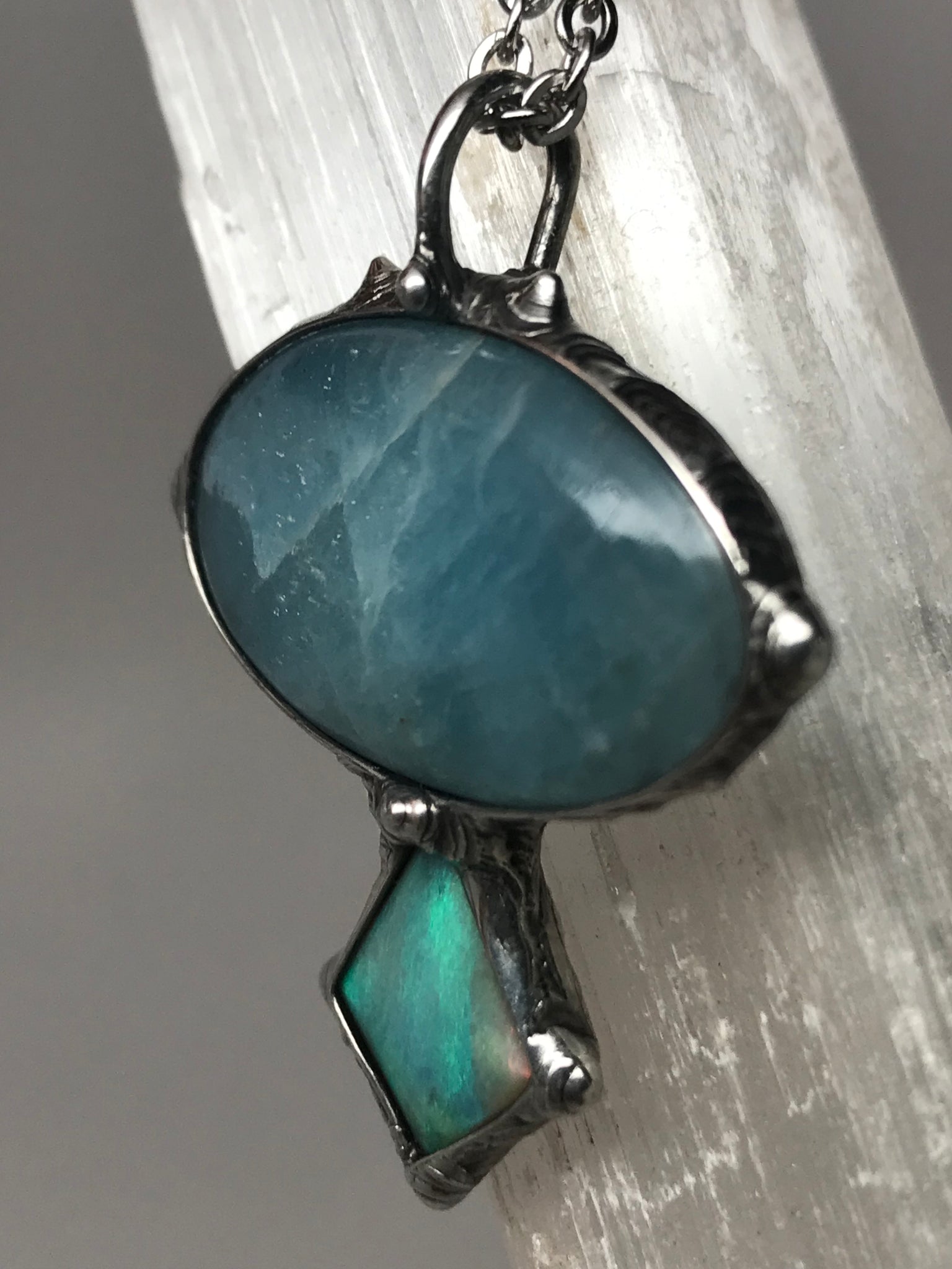 Reserved for Scarlett Blue Aquamarine pendant with lightning ridge Opal