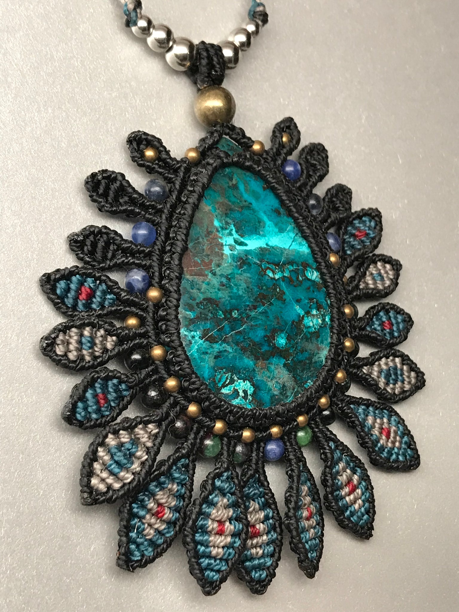 South American Tribal inspired Chrysocolla peacock pendant