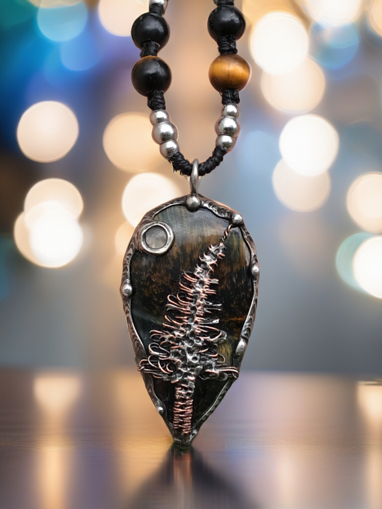 Bespoke magical tree on Blue Tiger eye crystal pendant adorned with Moonstone