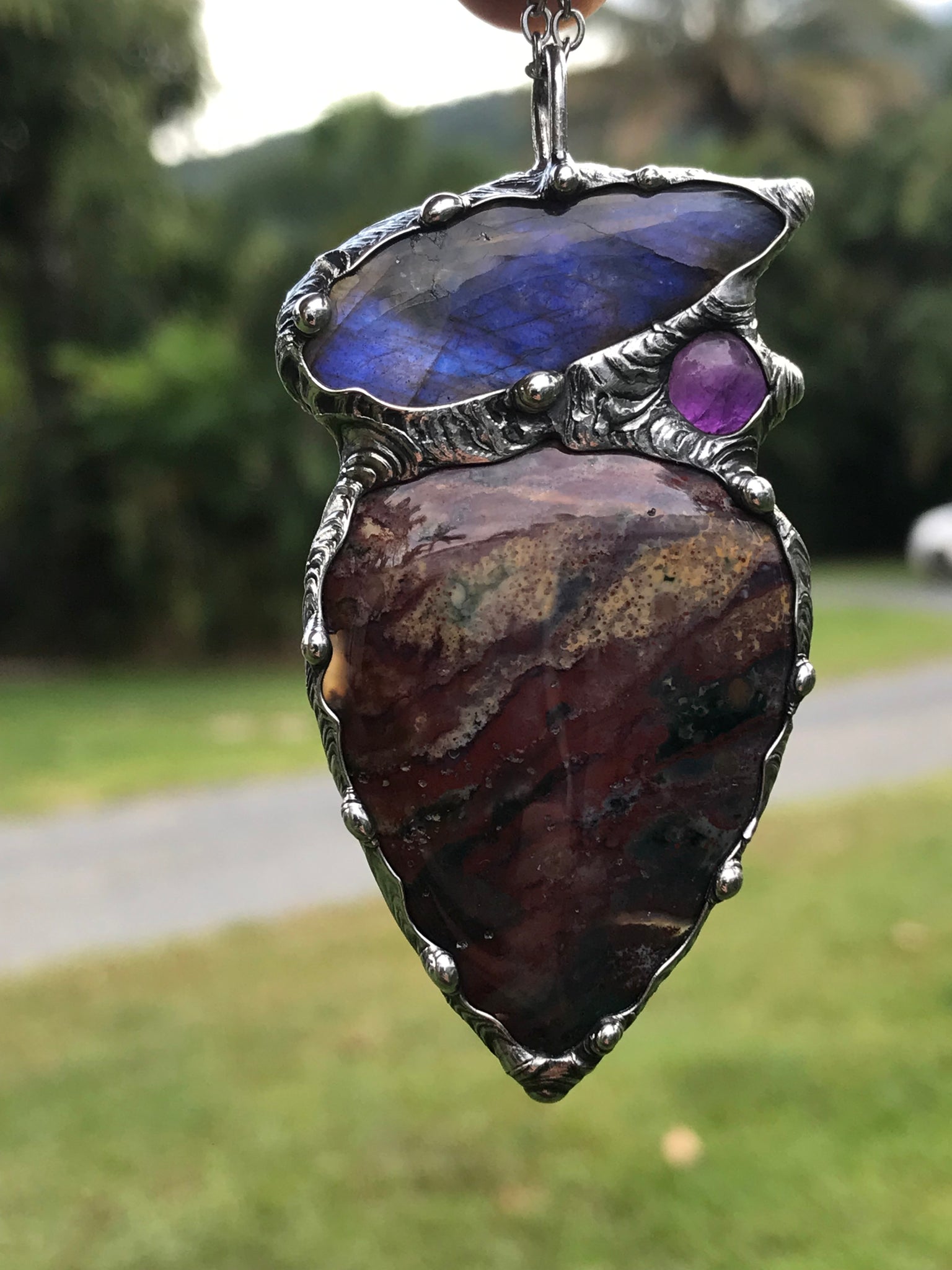 Bloodstone, blue flash Labradorite and Amethyst