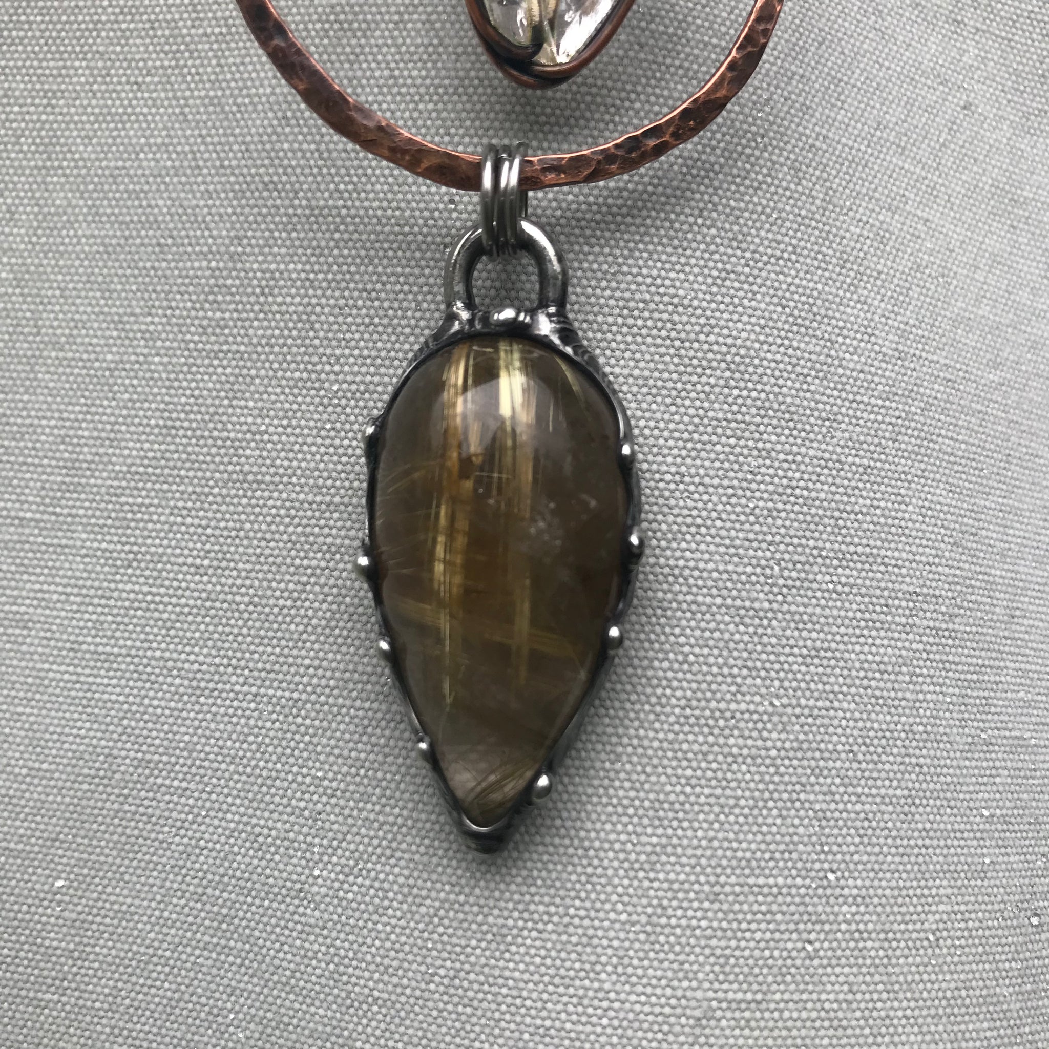 Reserved for Rachael Hammered copper pendant with Herkimer diamond crystal, Golden Rutilated and smoky quartz