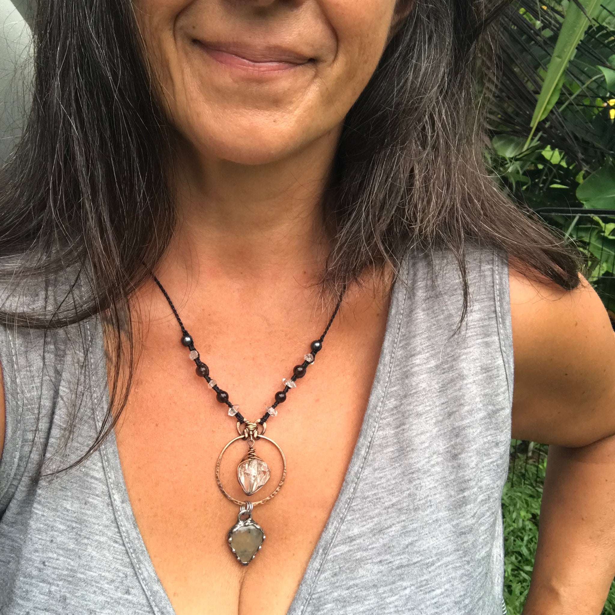 Reserved for Kerryn Hammered copper pendant with Herkimer diamond crystal with prehnite and smoky quartz
