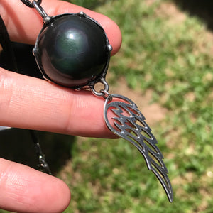 Rainbow Obsidian dream Sphere with sterling silver wing