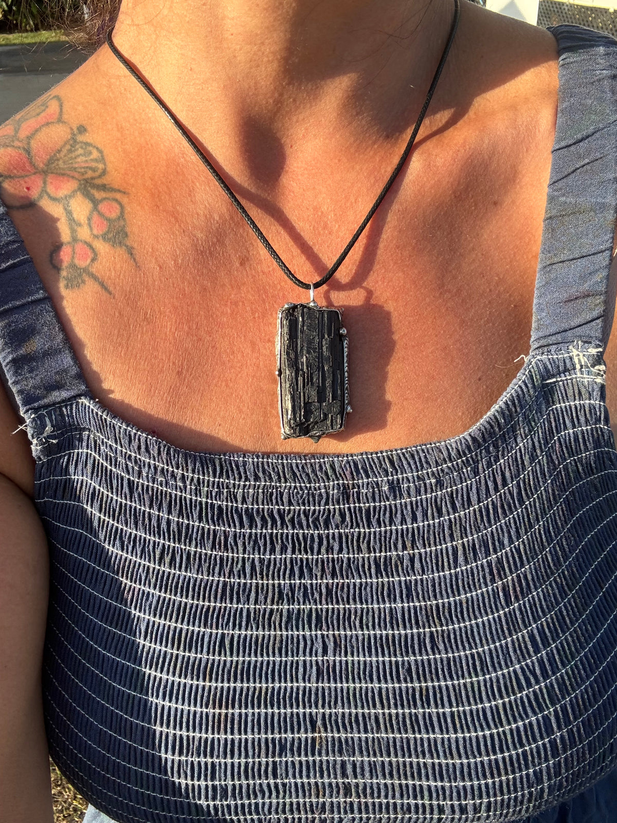 Black striated Tourmaline pendant