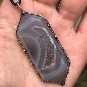 Double terminated agatised Chalcedony with sparkly Druzy moon pocket