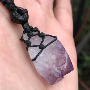 Rough Amethyst Point and black onyx wrapped in Linhasita