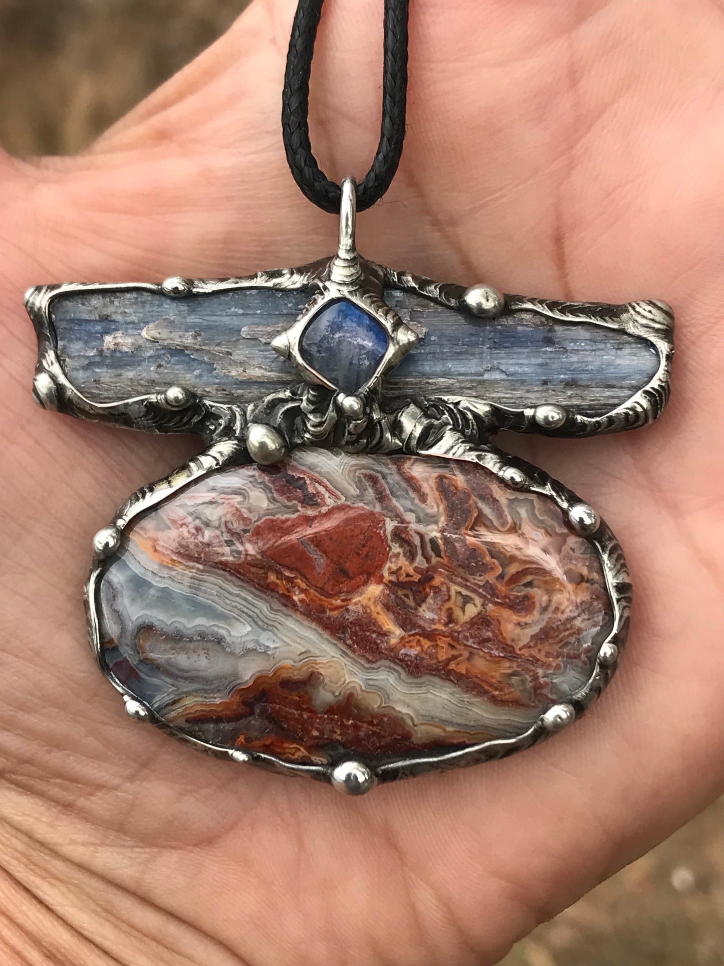 Crazy Lace Agate, blue Kyanite and moonstone triple statement pendant