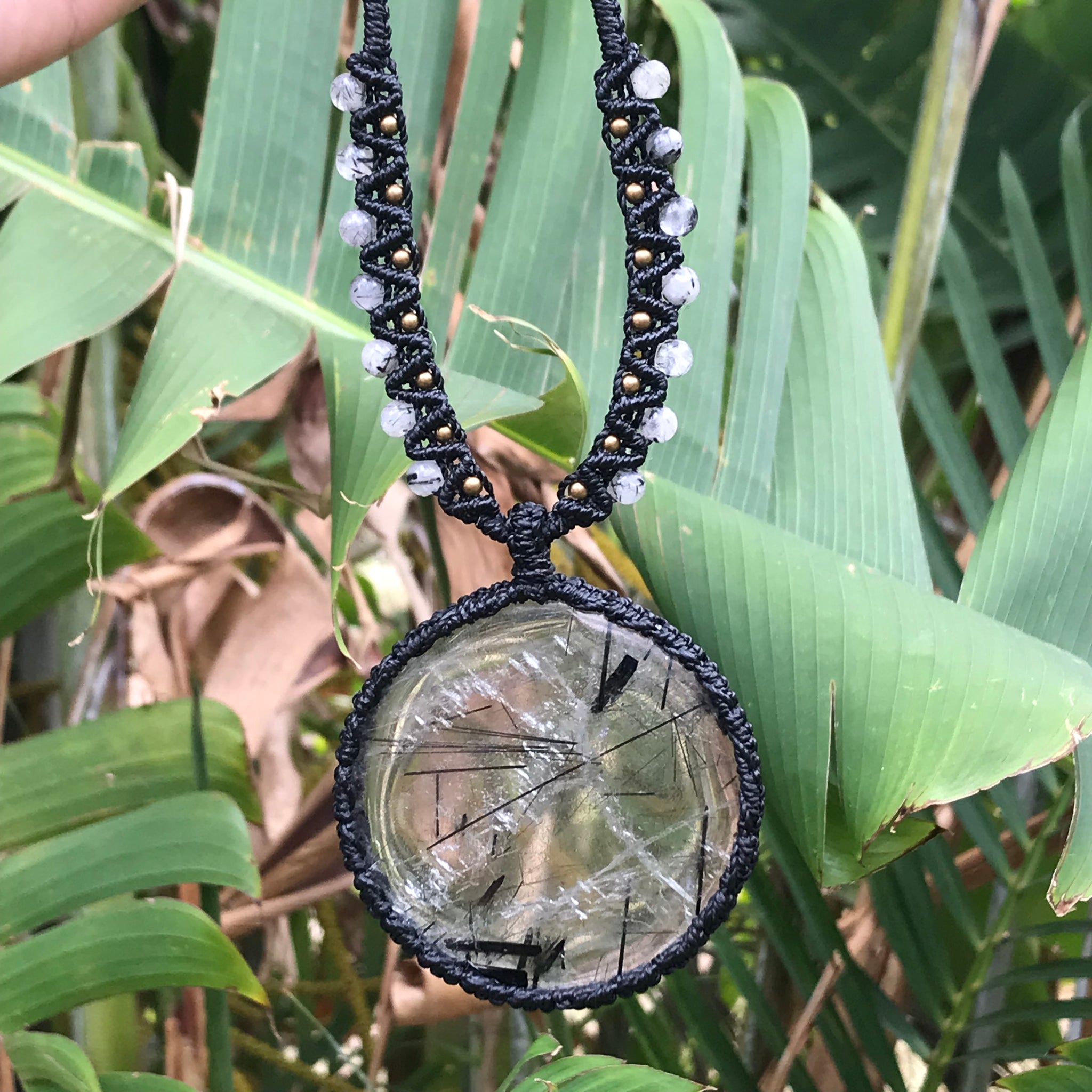 Beautiful and  unique Tourmalinated Quartz statement disc macrame pendant