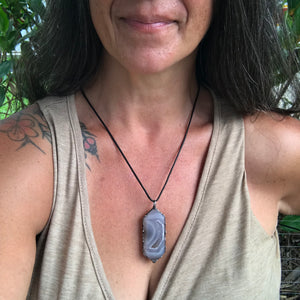 Double terminated agatised Chalcedony with sparkly Druzy moon pocket