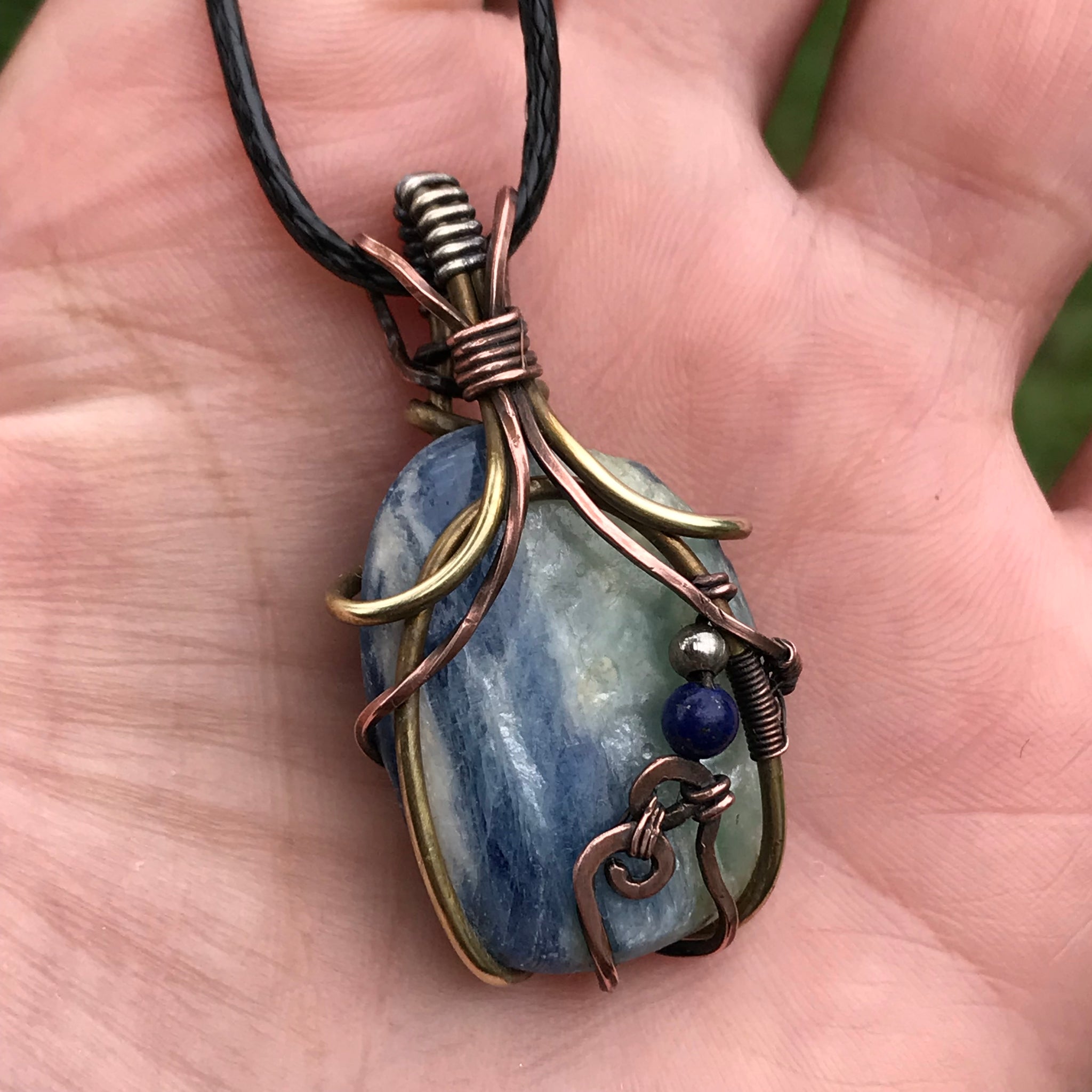 Reserved for Marisa Blue polished Kyanite triple metal wire wrap with lapis lazuli