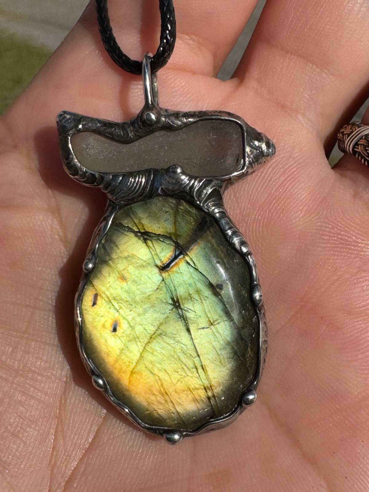 Golden Multiflash Labradorite and Seaglass pendant