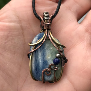 Reserved for Marisa Blue polished Kyanite triple metal wire wrap with lapis lazuli