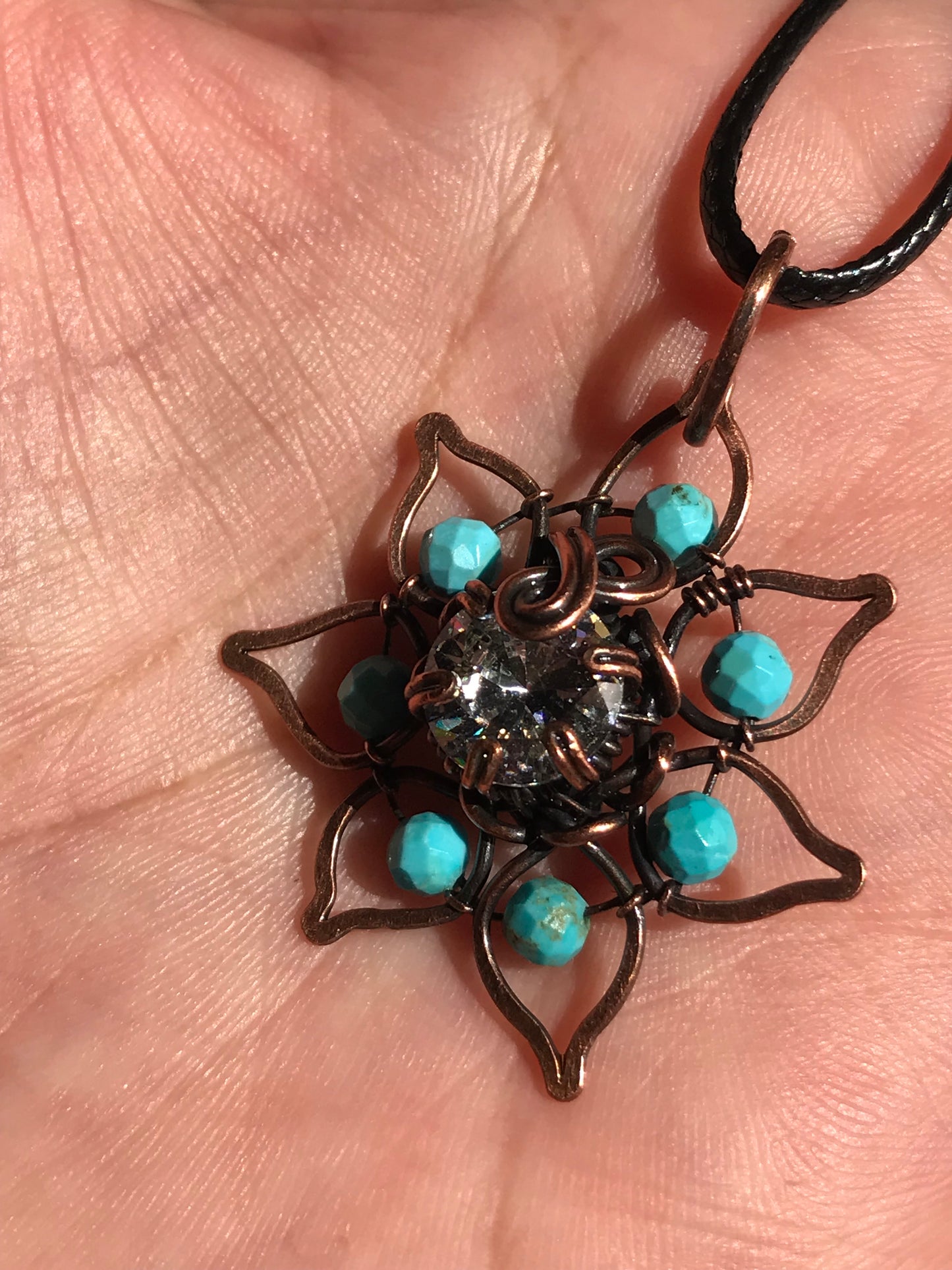Copper crafted lotus flower pendant with Turquoise