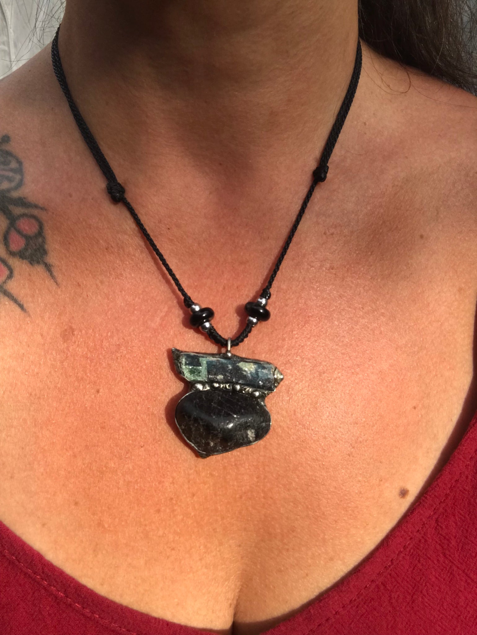 Black Tourmaline and Fuchsite in kyanite pendant