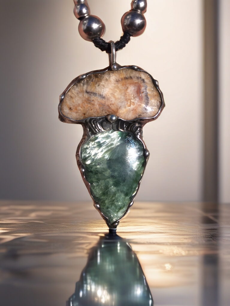 Seraphinite and fossilised coral pendant
