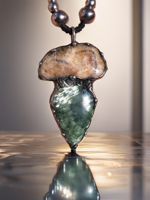 Seraphinite and fossilised coral pendant