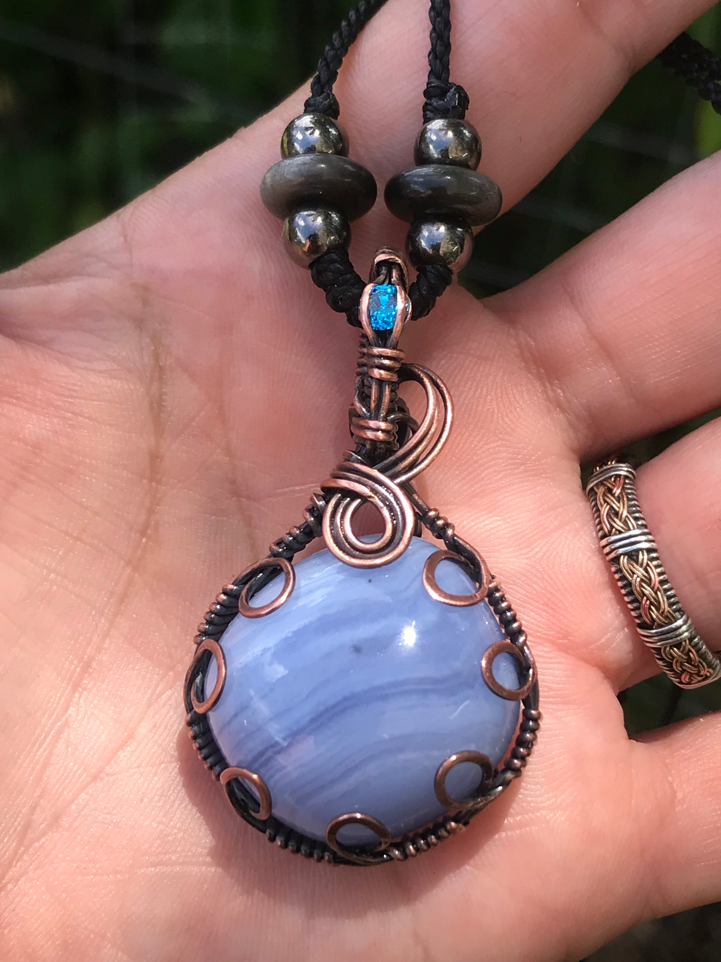 Blue lace agate wire wrap pendant with extra sparkling bail and silversheen obsidian beads 💕
