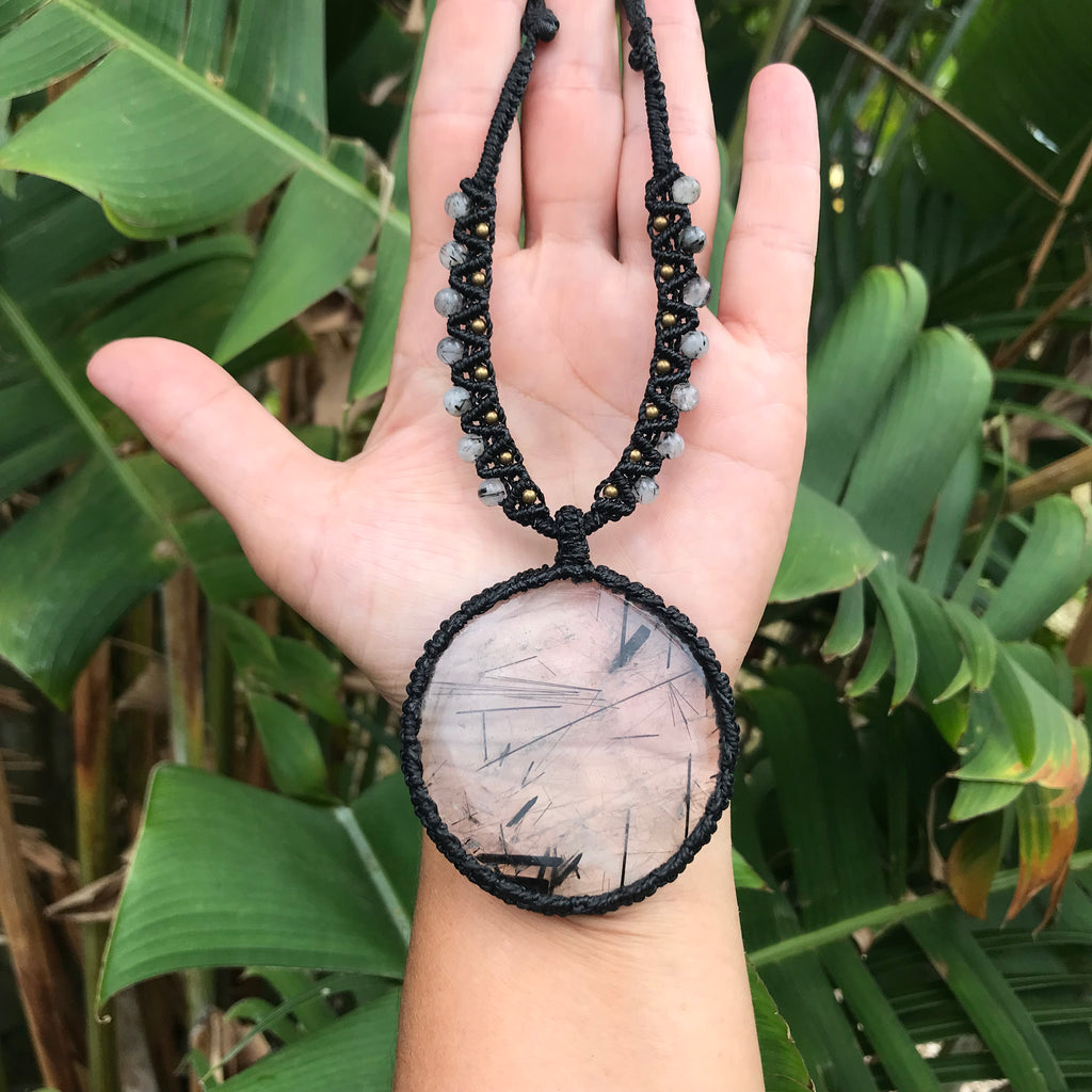 Beautiful and  unique Tourmalinated Quartz statement disc macrame pendant