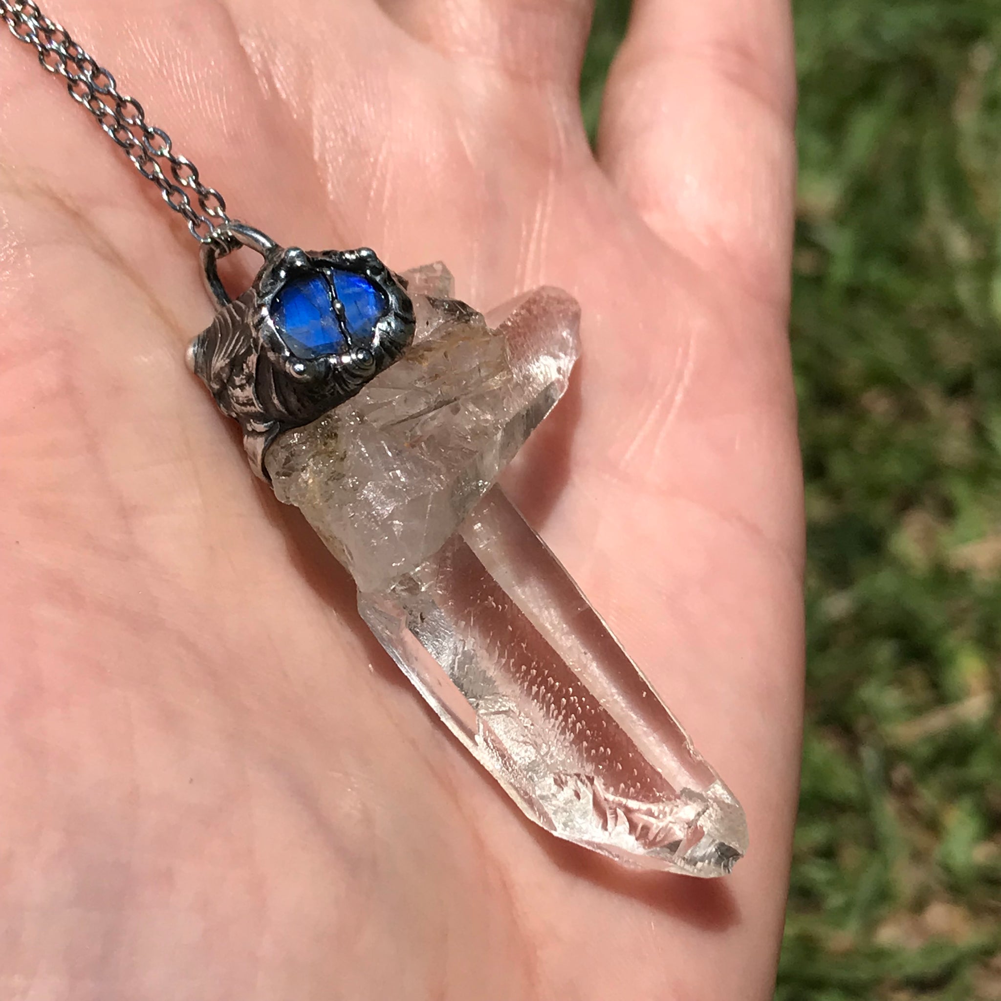 Reserved for Marisa Clear Quartz point with blue flash moonstone