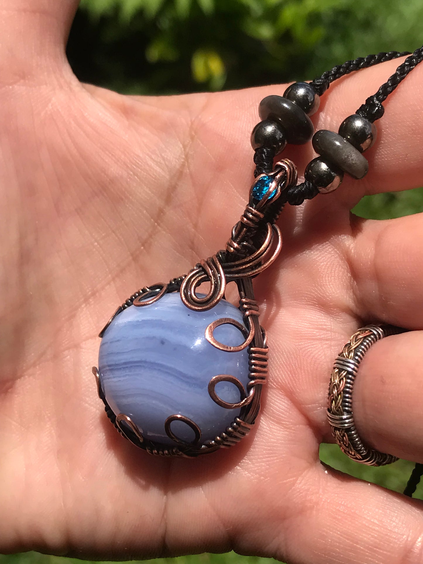 Blue lace agate wire wrap pendant with extra sparkling bail and silversheen obsidian beads 💕