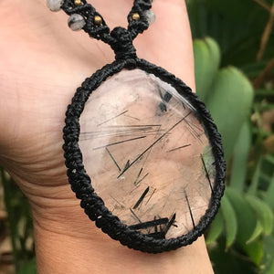 Beautiful and  unique Tourmalinated Quartz statement disc macrame pendant