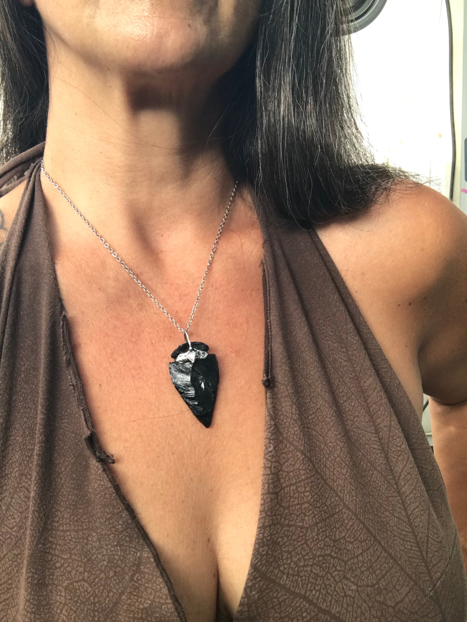 Silversheen Obsidian Arrowhead adorned with lightning ridge Opal