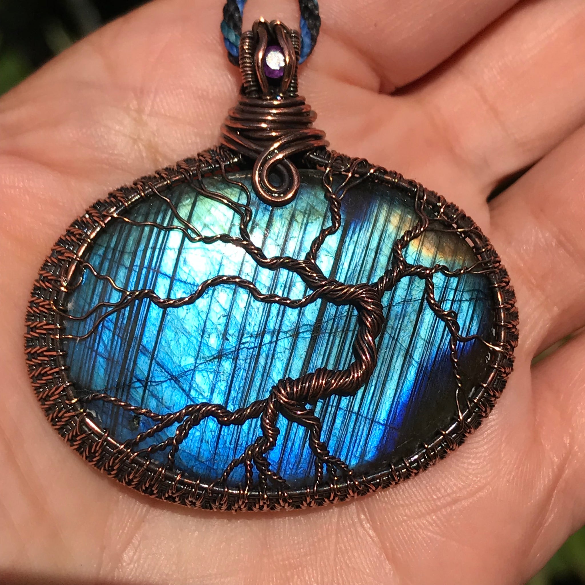 Wire wrapped tree of life on Blue Flash Labradorite Crystal adorned with Amethyst ✨