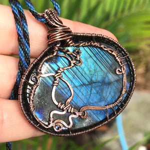 Wire wrapped tree of life on Blue Flash Labradorite Crystal adorned with Amethyst ✨