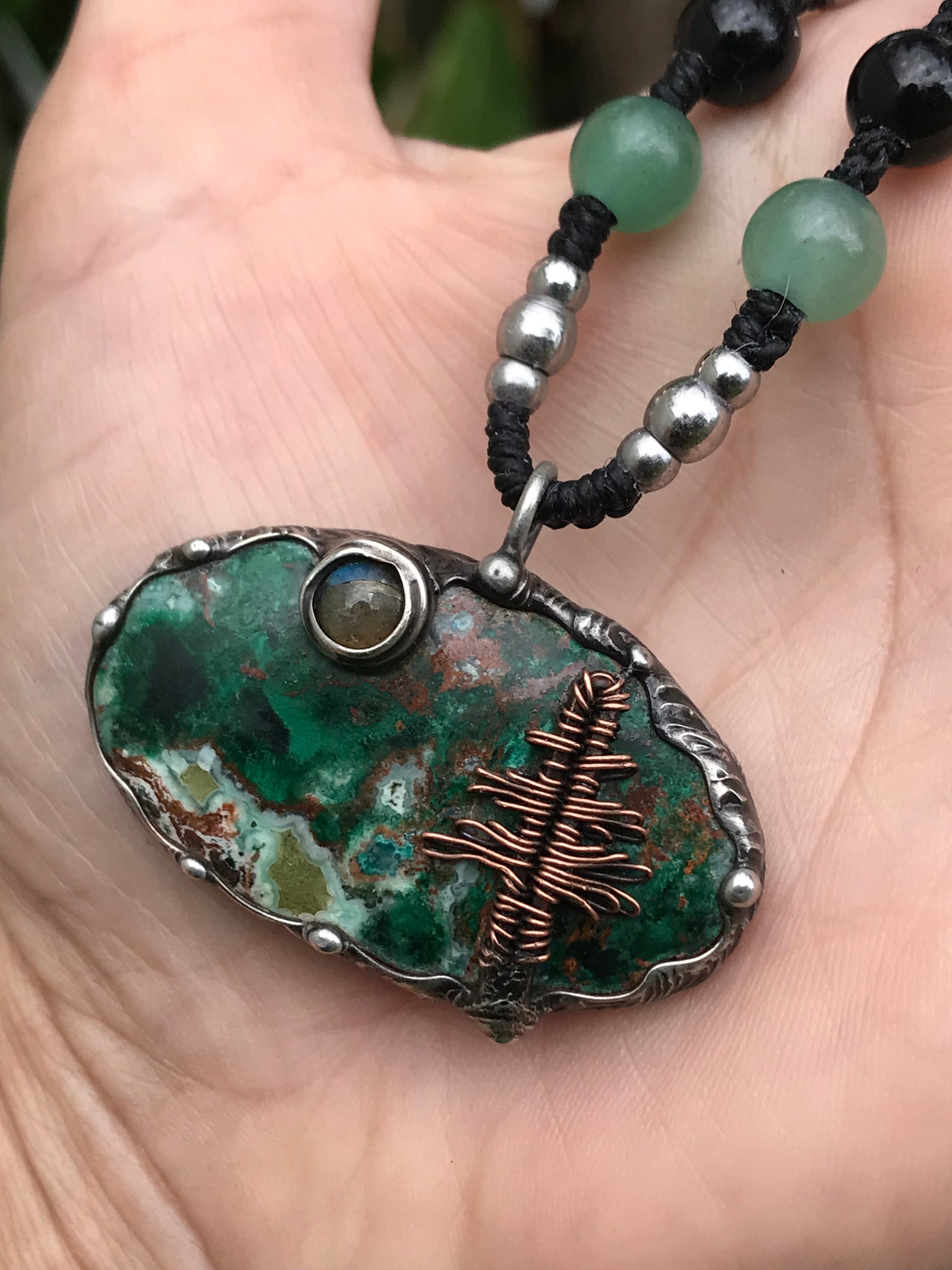 Bespoke magical tree on Chrysocolla/Malachite adorned with a  Labradorite moon❤️