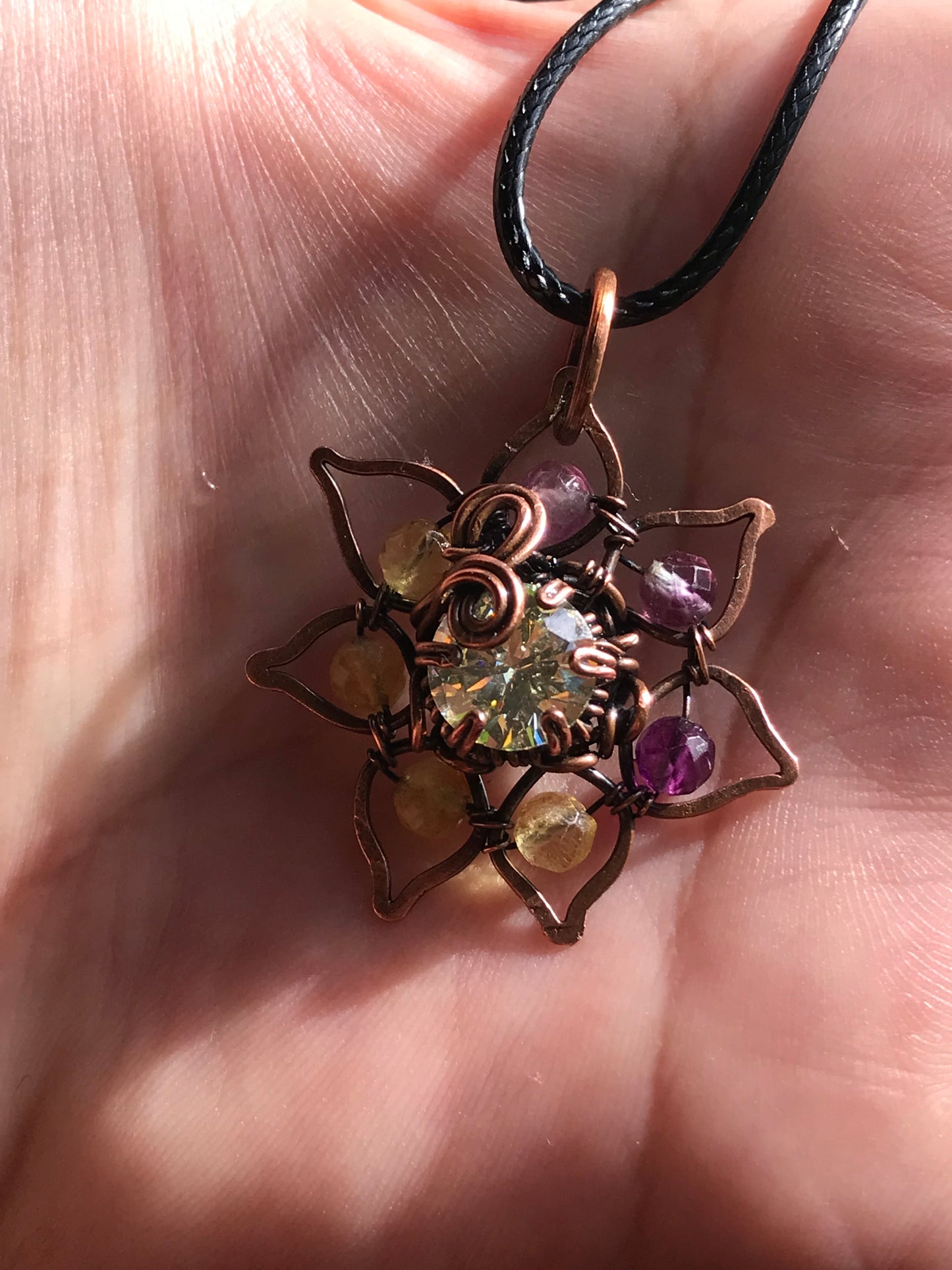 Copper crafted lotus flower pendant with Rainbow Fluorite