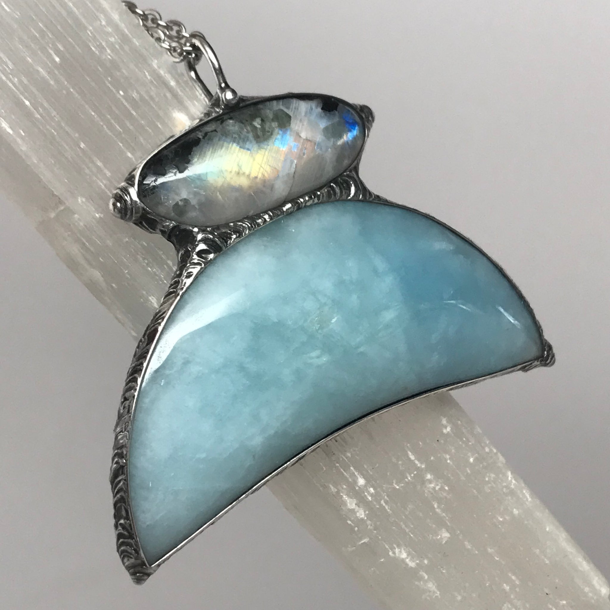 Aquamarine and Rainbow Moonstone statement pendant