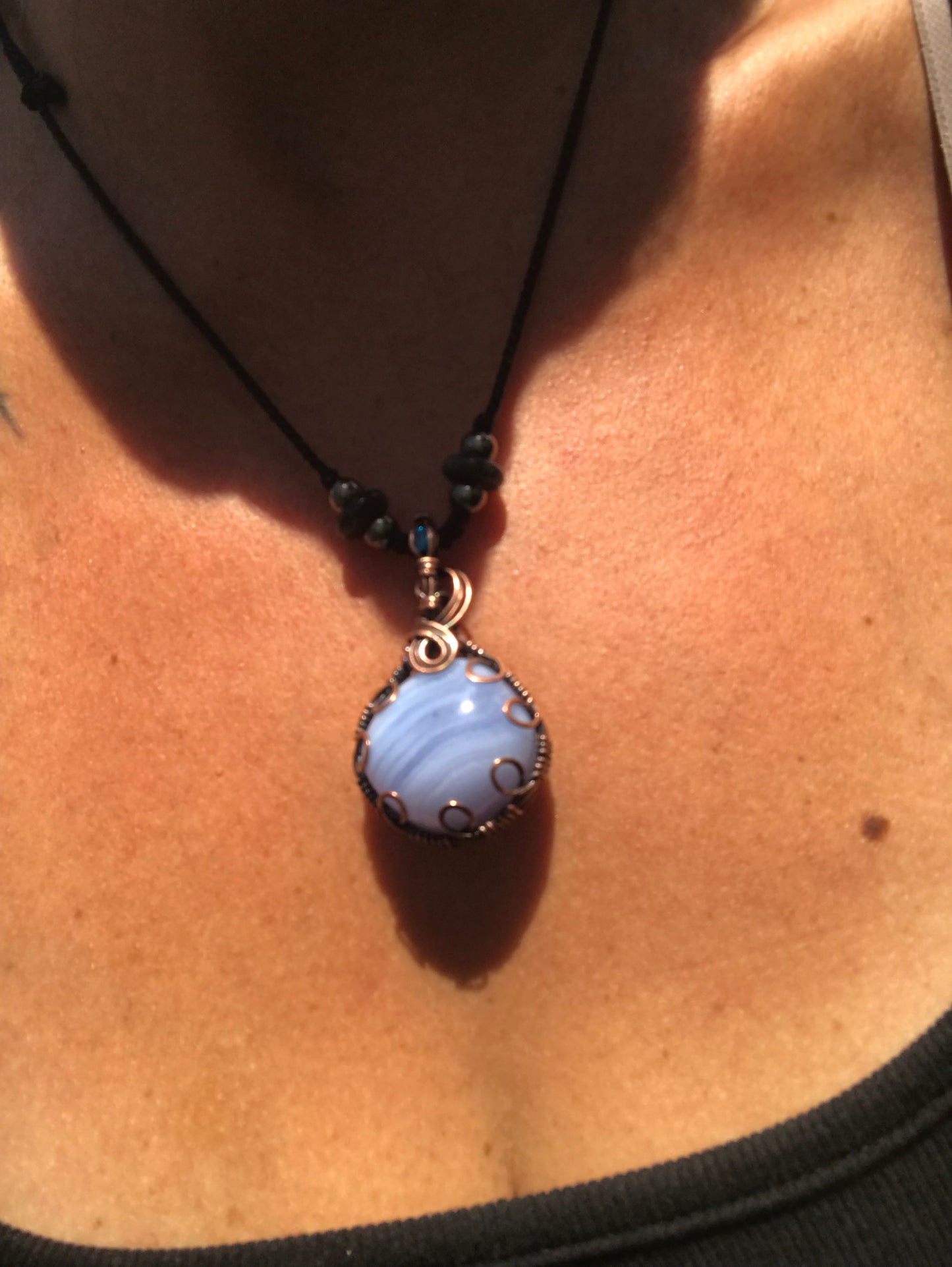 Blue lace agate wire wrap pendant with extra sparkling bail and silversheen obsidian beads 💕
