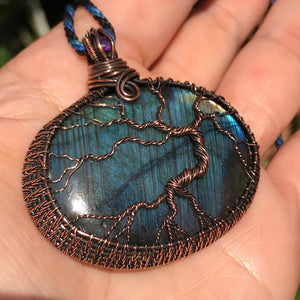 Wire wrapped tree of life on Blue Flash Labradorite Crystal adorned with Amethyst ✨