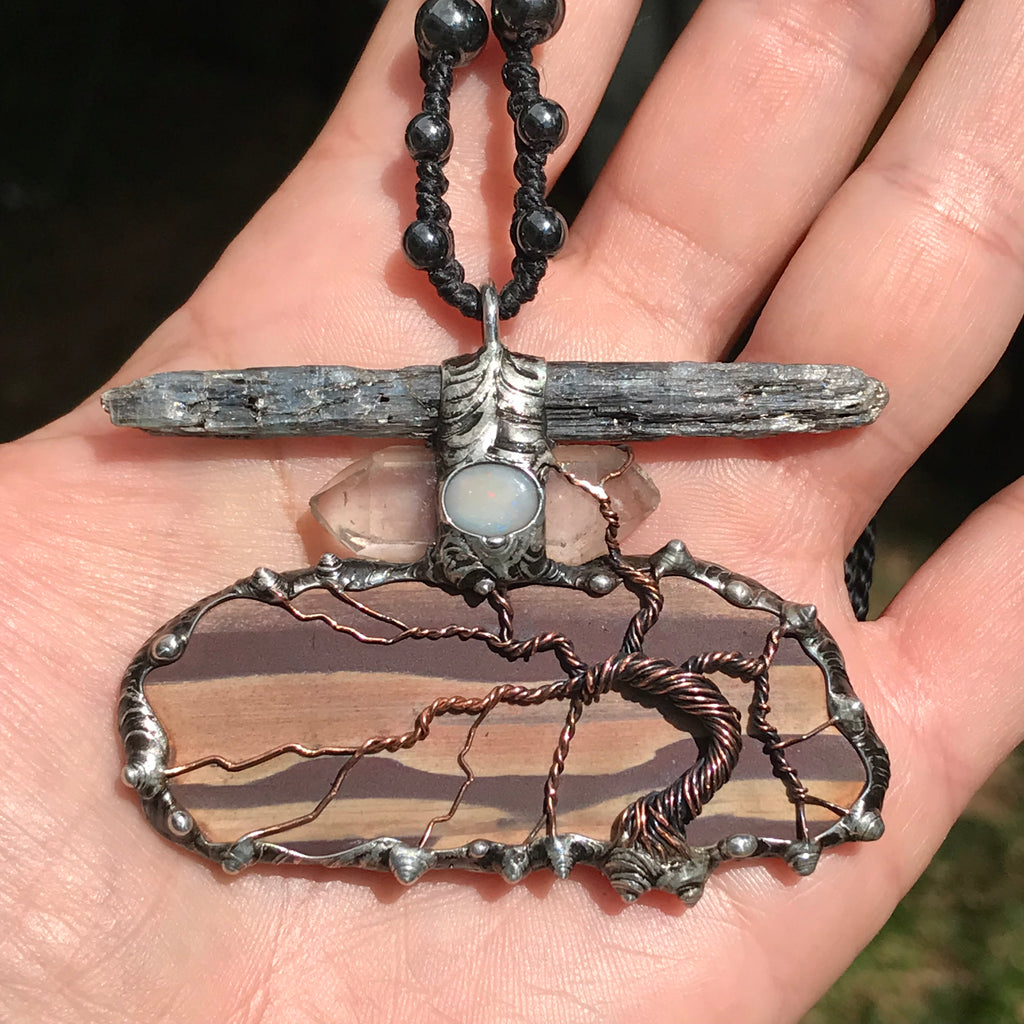 Statement Zebrastone triple crystal Pendant adorned with lightning ridge opal a twisty  Tree of Life