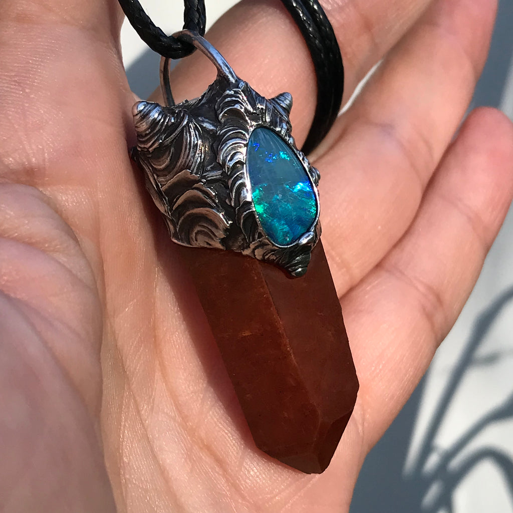 Tangerine Quartz point and opal pendant