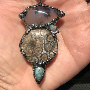 Dendritic agate,fossilised coral, ethiopian opal and larimar Crystal pendant