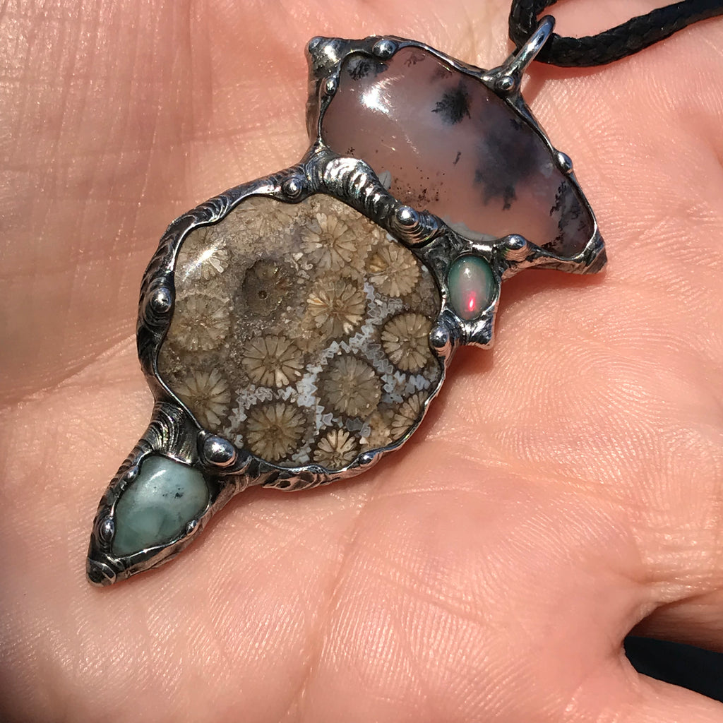 Dendritic agate,fossilised coral, ethiopian opal and larimar Crystal pendant