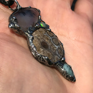 Dendritic agate,fossilised coral, ethiopian opal and larimar Crystal pendant