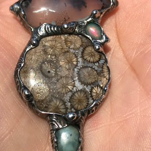 Dendritic agate,fossilised coral, ethiopian opal and larimar Crystal pendant