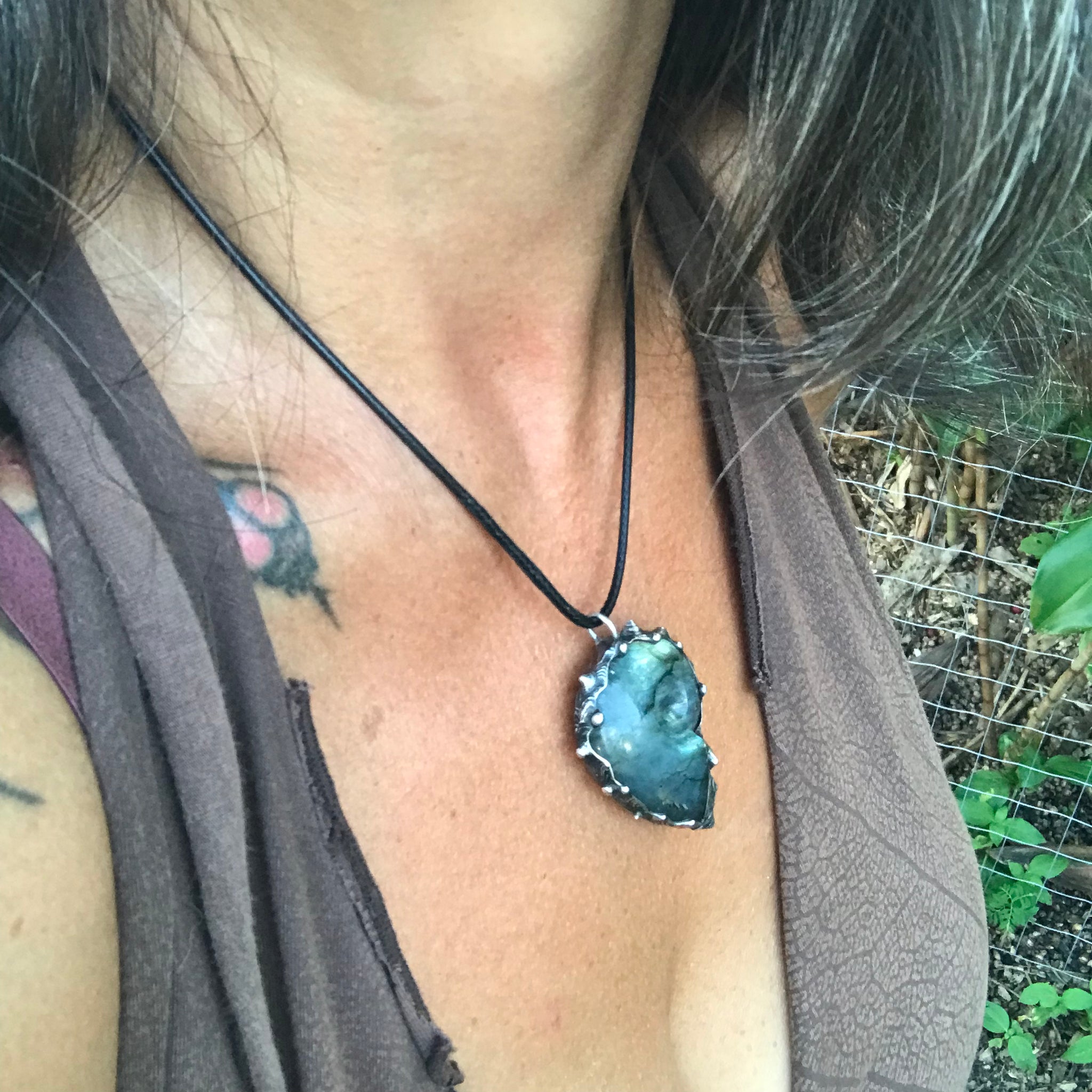 Labradorite Crystal Shell Pendant with Moonstone and opal