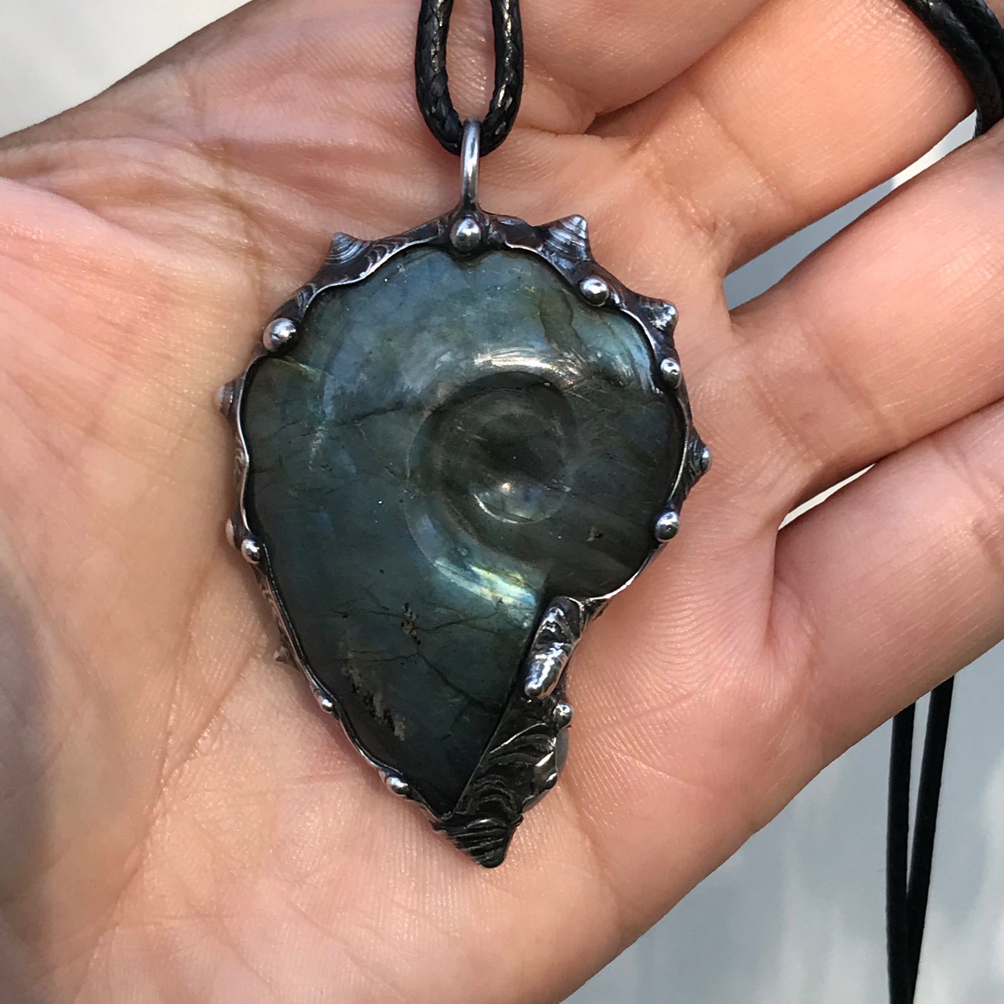 Labradorite Crystal Shell Pendant with Moonstone and opal