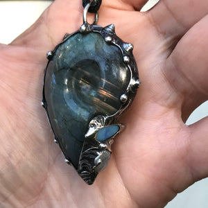 Labradorite Crystal Shell Pendant with Moonstone and opal