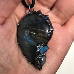 Labradorite Crystal Shell Pendant with Moonstone and opal