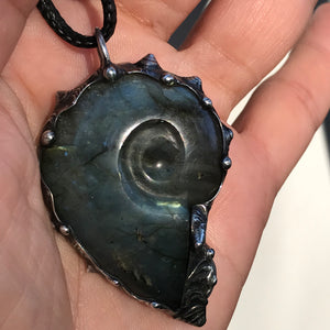 Labradorite Crystal Shell Pendant with Moonstone and opal