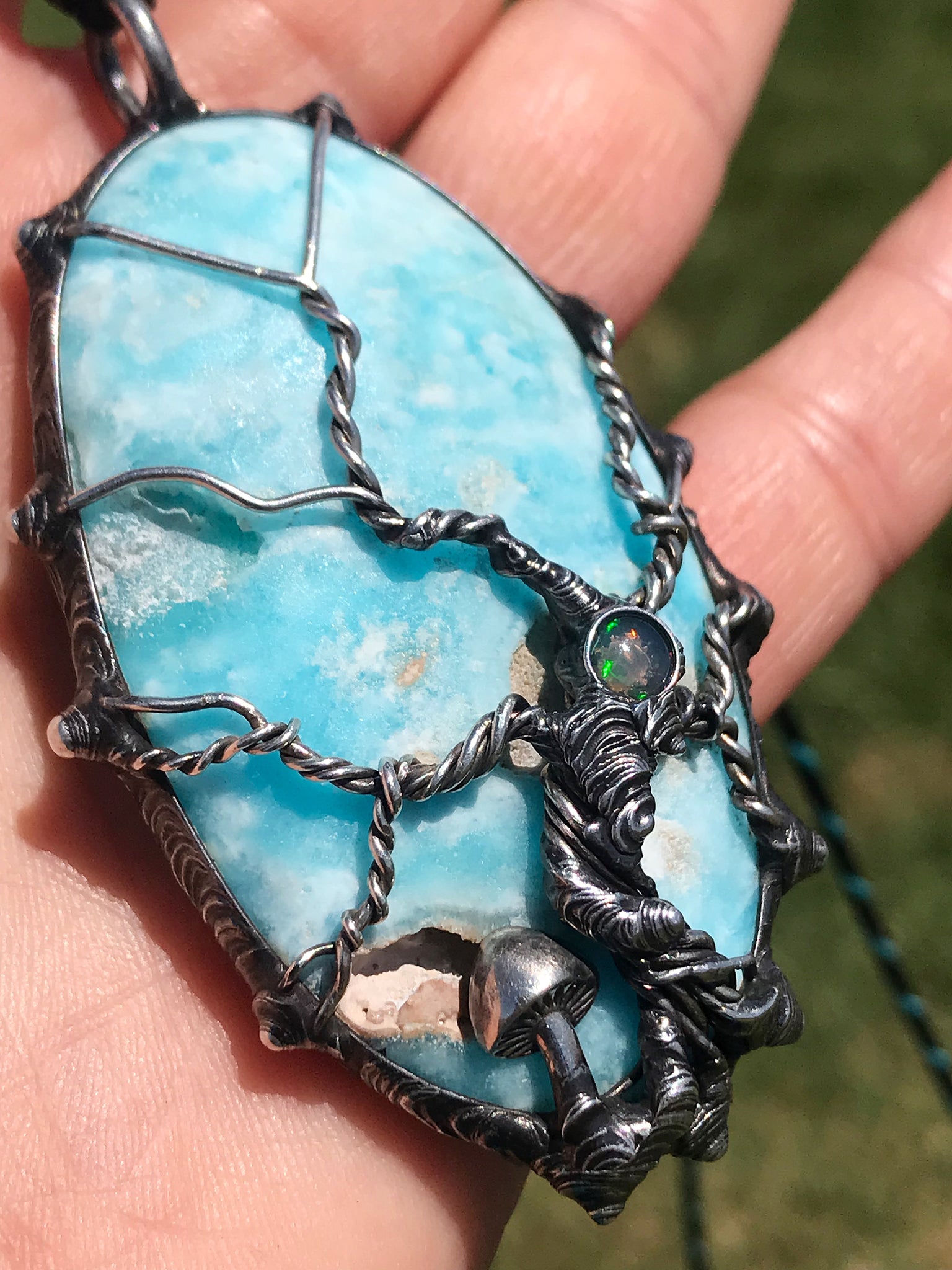 Sterling Silver tree set on blue Aragonite, accompanied with a little shroom and Ethiopian Opal