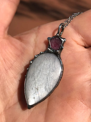Silver Moonstone combined with pink rough tourmaline