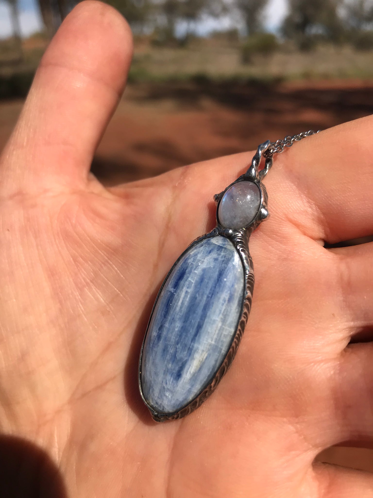 Rainbow Moonstone and blue polished Kyanite